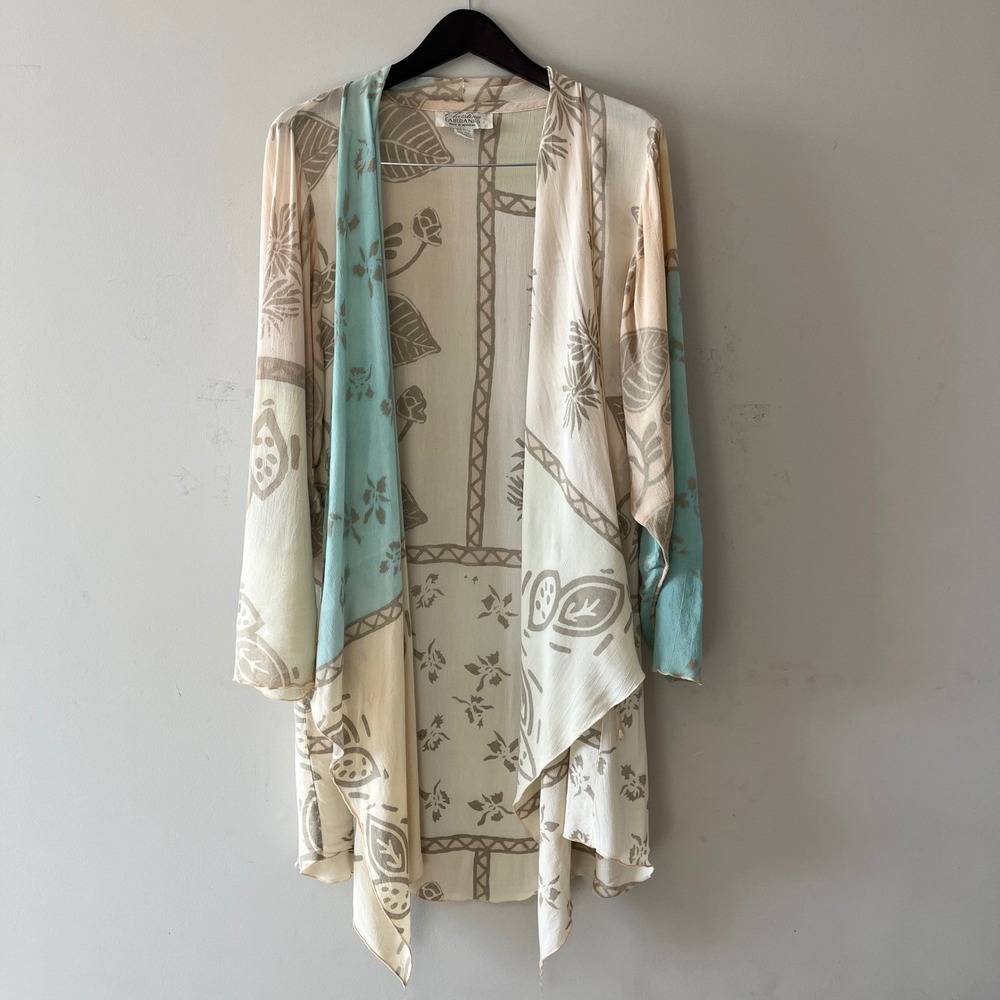 Christina Fairbanks Vintage Kimono Cardigan Boho Botanical Cream L Beaded Tassel